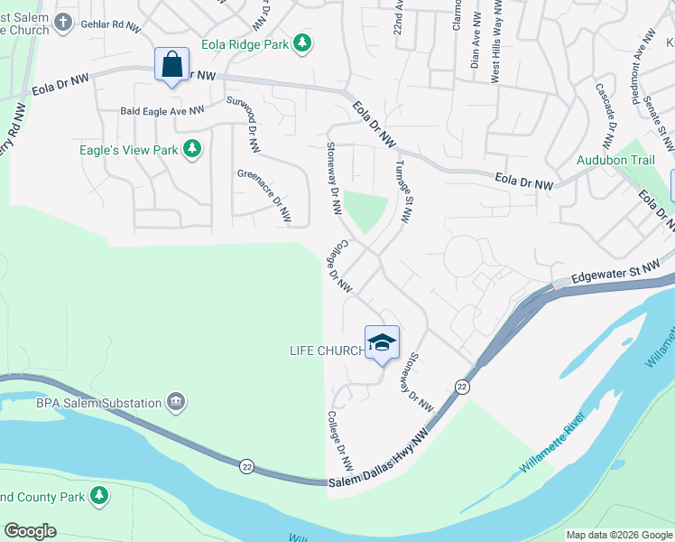 map of restaurants, bars, coffee shops, grocery stores, and more near 580 College Drive Northwest in Salem