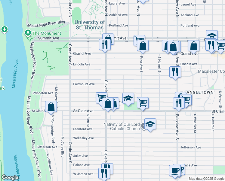 map of restaurants, bars, coffee shops, grocery stores, and more near 2024 Fairmount Avenue in Saint Paul