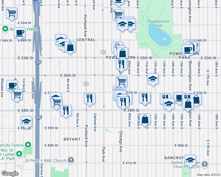 map of restaurants, bars, coffee shops, grocery stores, and more near 3640 Columbus Avenue in Minneapolis