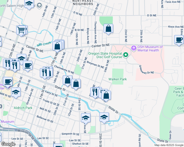 map of restaurants, bars, coffee shops, grocery stores, and more near 445 Rose Street Northeast in Salem