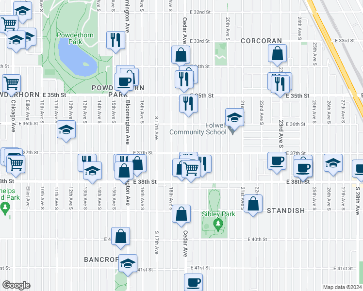 map of restaurants, bars, coffee shops, grocery stores, and more near 3624 Cedar Avenue in Minneapolis