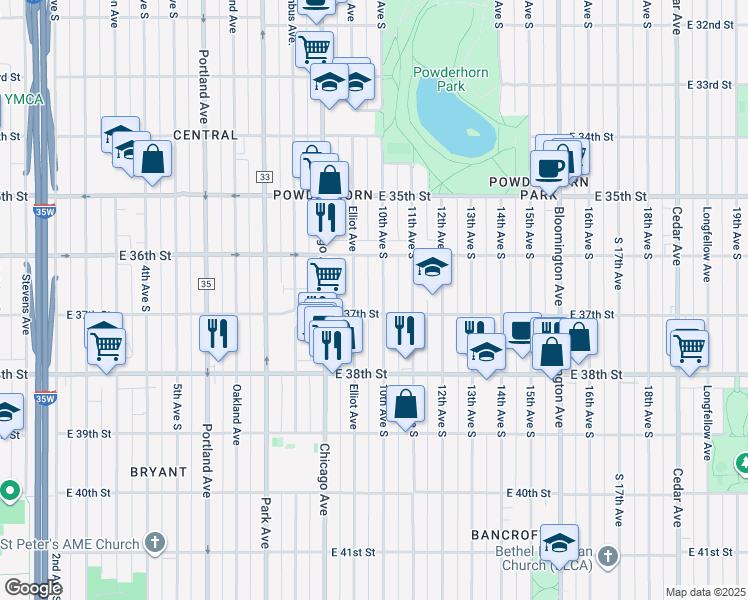 map of restaurants, bars, coffee shops, grocery stores, and more near 3619 Elliot Avenue in Minneapolis