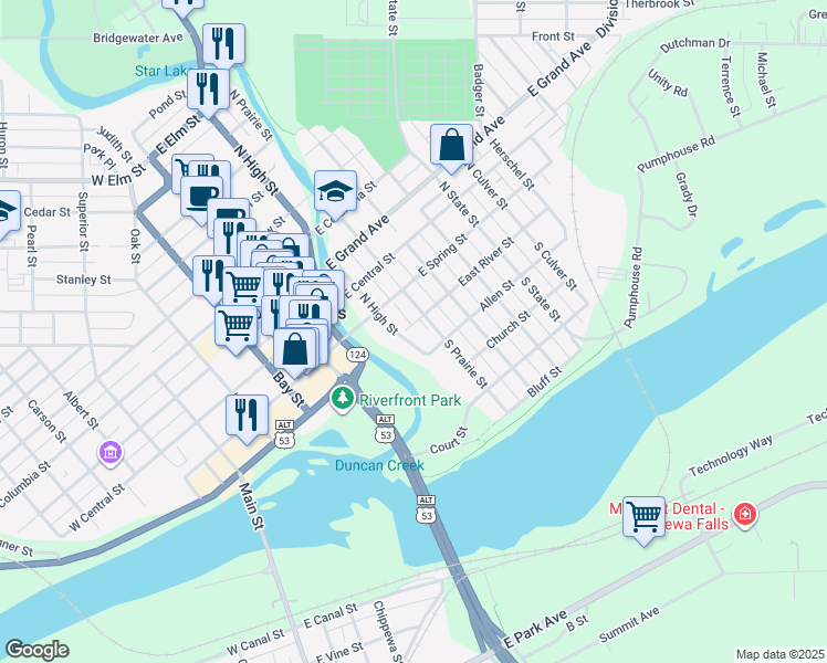 map of restaurants, bars, coffee shops, grocery stores, and more near 3 South High Street in Chippewa Falls