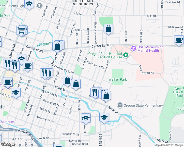 map of restaurants, bars, coffee shops, grocery stores, and more near 445 Rose Street Northeast in Salem