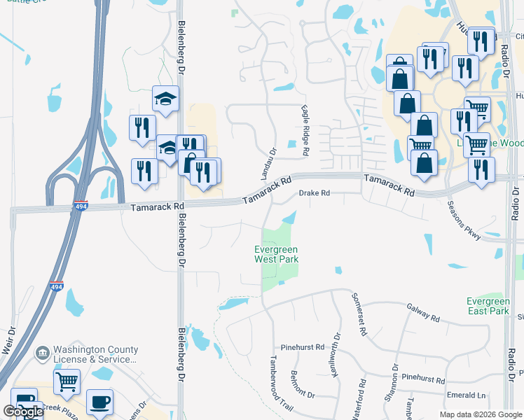 map of restaurants, bars, coffee shops, grocery stores, and more near 830 Tamberwood Trail in Saint Paul
