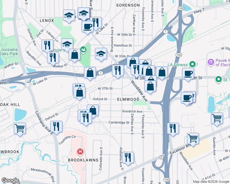 map of restaurants, bars, coffee shops, grocery stores, and more near 6027 West 37th Street in St. Louis Park