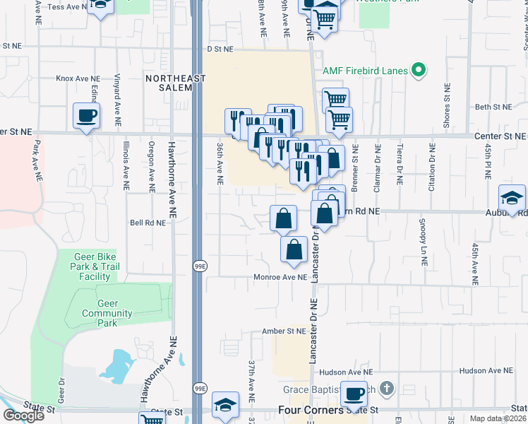 map of restaurants, bars, coffee shops, grocery stores, and more near 3810 Midway Avenue Northeast in Salem