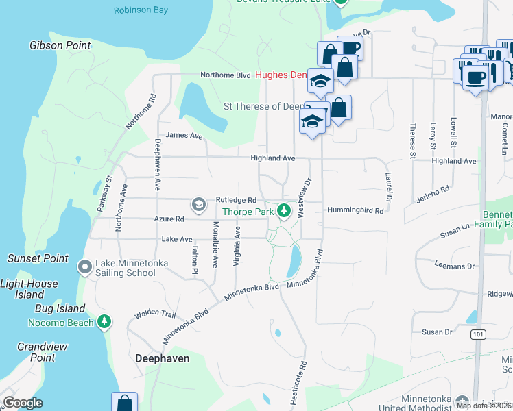 map of restaurants, bars, coffee shops, grocery stores, and more near 18500 Rutledge Road in Wayzata