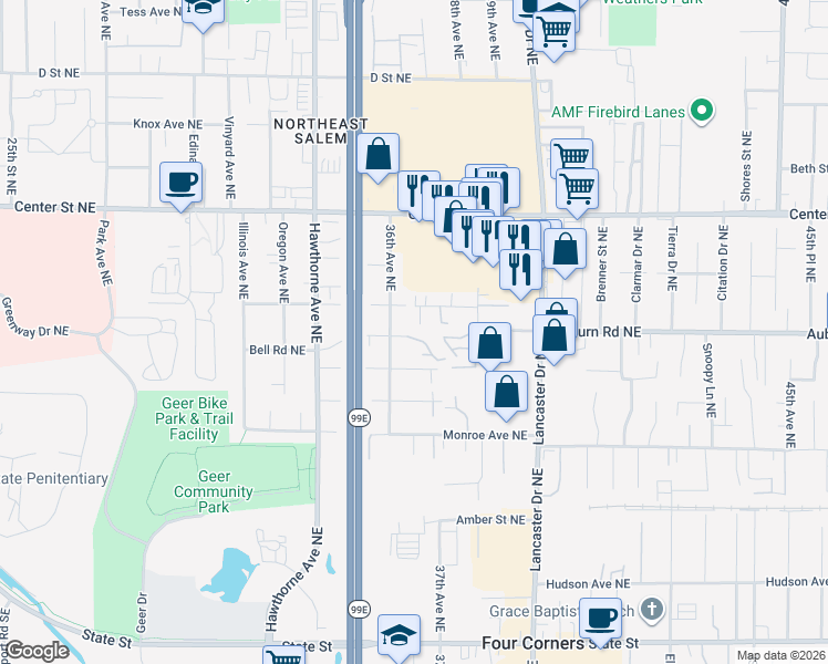 map of restaurants, bars, coffee shops, grocery stores, and more near 3690 Midway Avenue Northeast in Salem