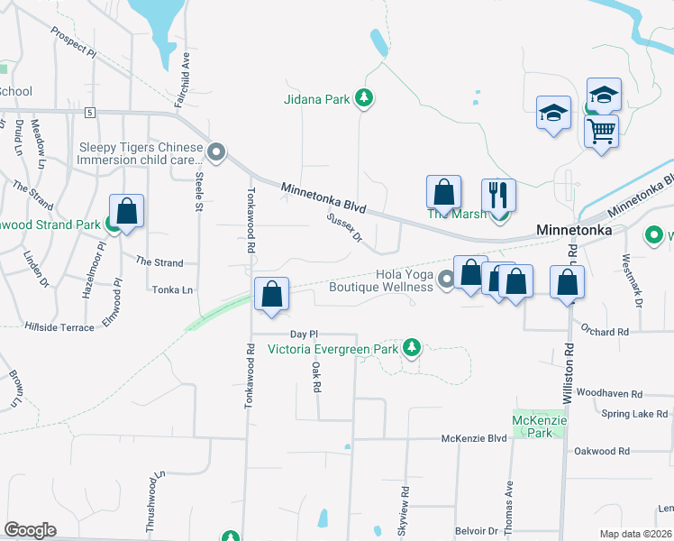 map of restaurants, bars, coffee shops, grocery stores, and more near 15680 Tonkawood Drive in Minnetonka