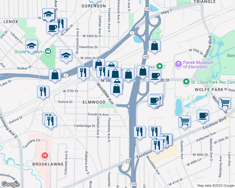 map of restaurants, bars, coffee shops, grocery stores, and more near 3700 Minnesota 100 in St. Louis Park