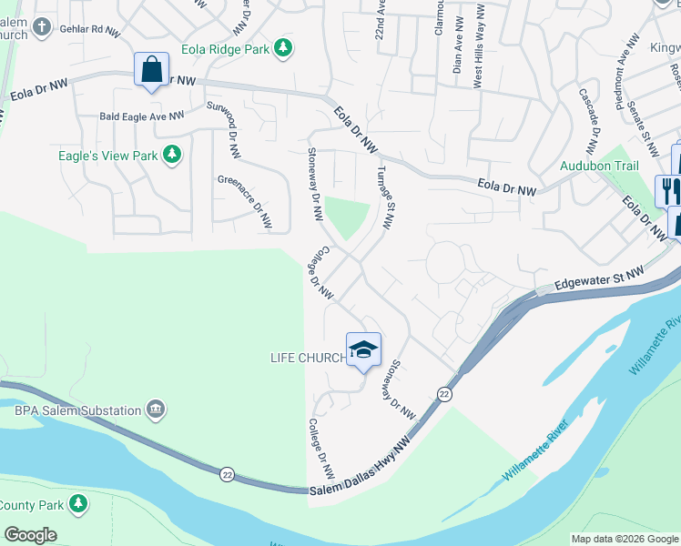 map of restaurants, bars, coffee shops, grocery stores, and more near 300 Stoneway Drive Northwest in Salem