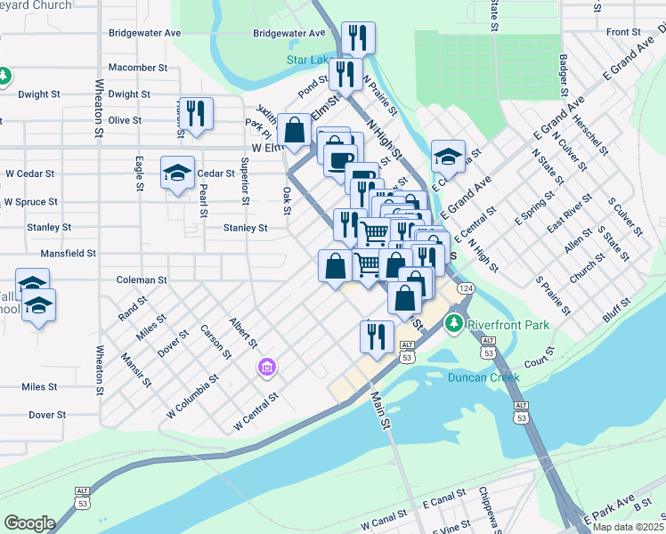 map of restaurants, bars, coffee shops, grocery stores, and more near 119 West Willow Street in Chippewa Falls