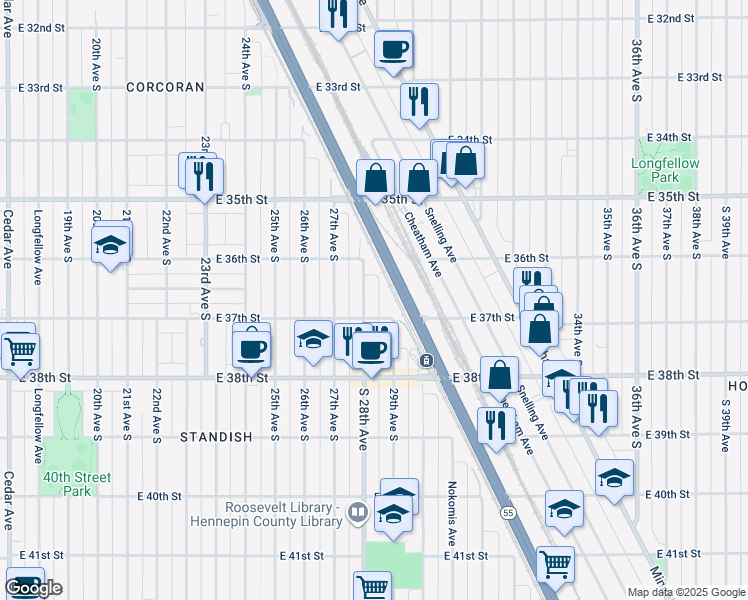 map of restaurants, bars, coffee shops, grocery stores, and more near 3617 South 28th Avenue in Minneapolis