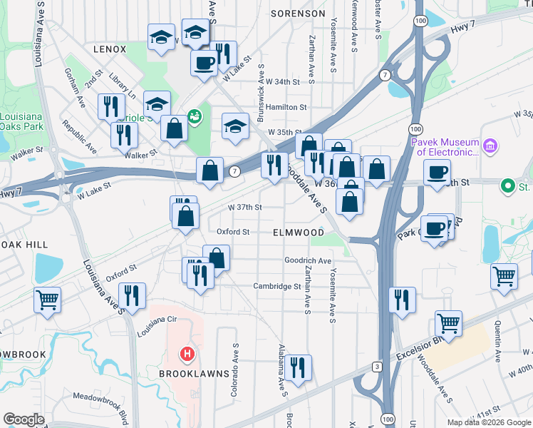 map of restaurants, bars, coffee shops, grocery stores, and more near 3600 Railroad Avenue in St. Louis Park
