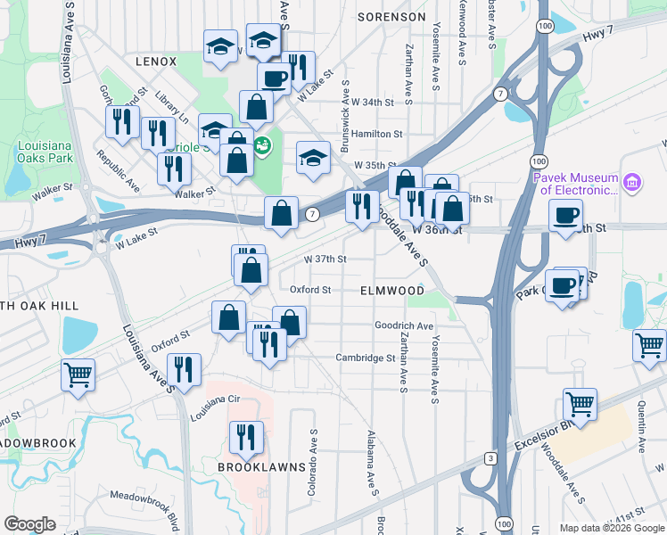map of restaurants, bars, coffee shops, grocery stores, and more near 6213 West 37th Street in Minneapolis