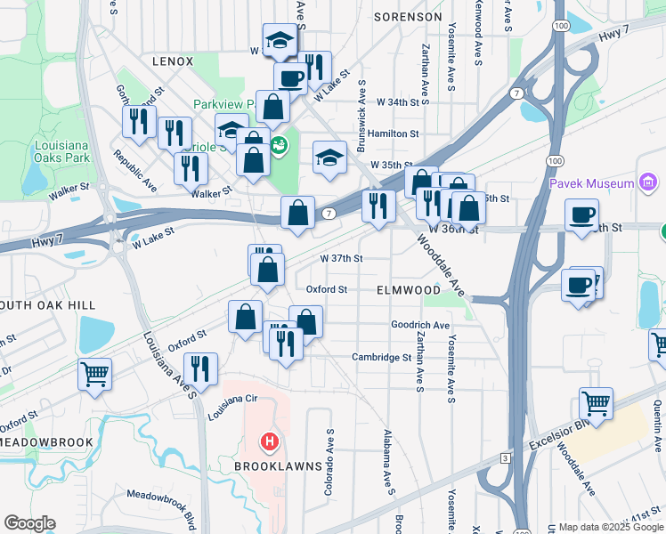 map of restaurants, bars, coffee shops, grocery stores, and more near 6213 West 37th Street in Minneapolis