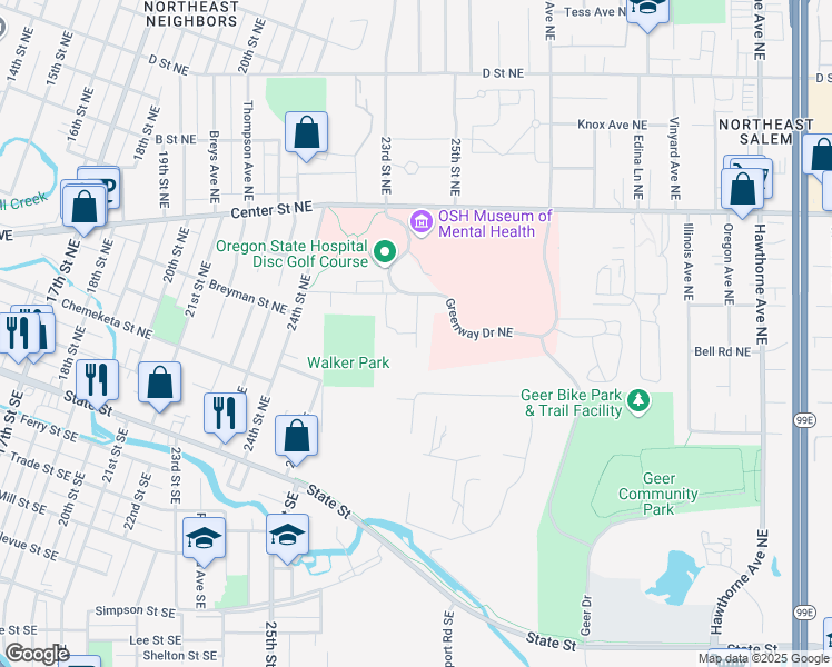 map of restaurants, bars, coffee shops, grocery stores, and more near Bates Drive Northeast in Salem