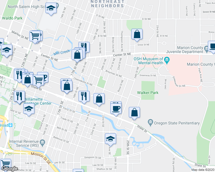 map of restaurants, bars, coffee shops, grocery stores, and more near 352 21st Street Northeast in Salem