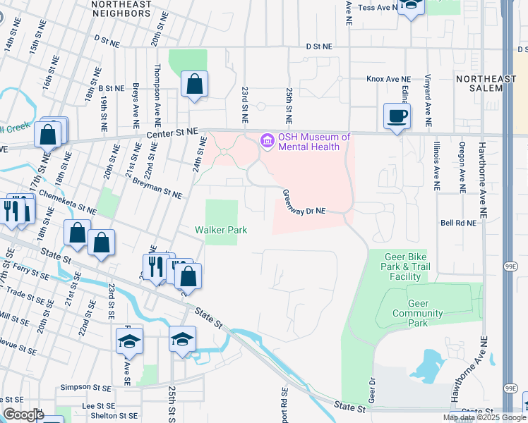 map of restaurants, bars, coffee shops, grocery stores, and more near Bates Drive Northeast in Salem