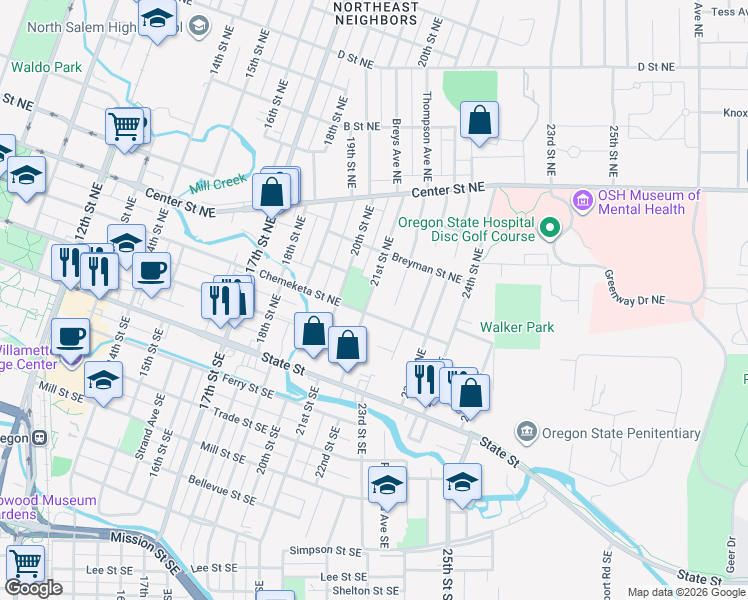 map of restaurants, bars, coffee shops, grocery stores, and more near 352 21st Street Northeast in Salem