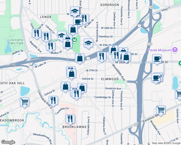 map of restaurants, bars, coffee shops, grocery stores, and more near 6225 West 37th Street in Minneapolis