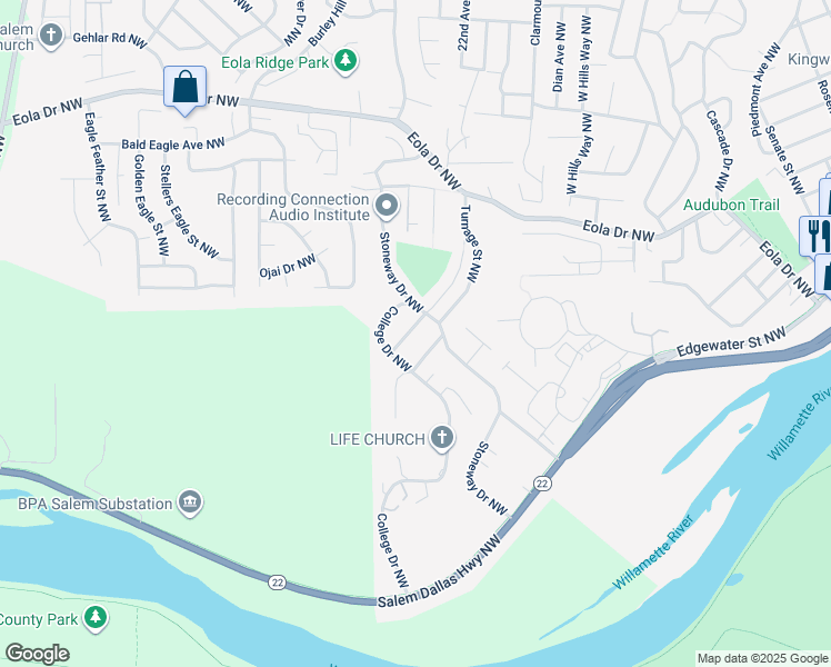 map of restaurants, bars, coffee shops, grocery stores, and more near 300 Stoneway Drive Northwest in Salem