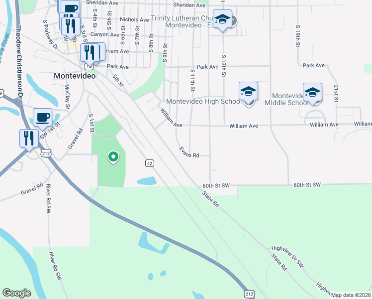 map of restaurants, bars, coffee shops, grocery stores, and more near 824 South 11th Street in Montevideo