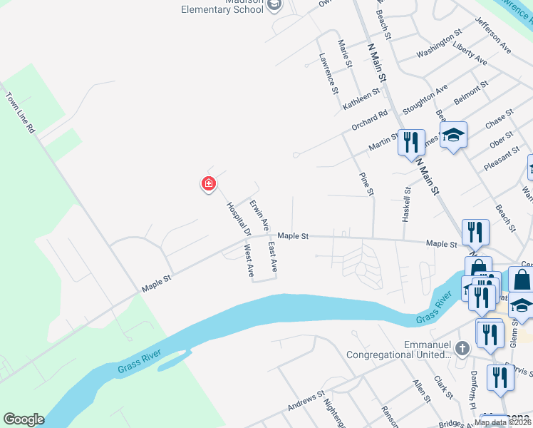 map of restaurants, bars, coffee shops, grocery stores, and more near 7 Clary St in Massena