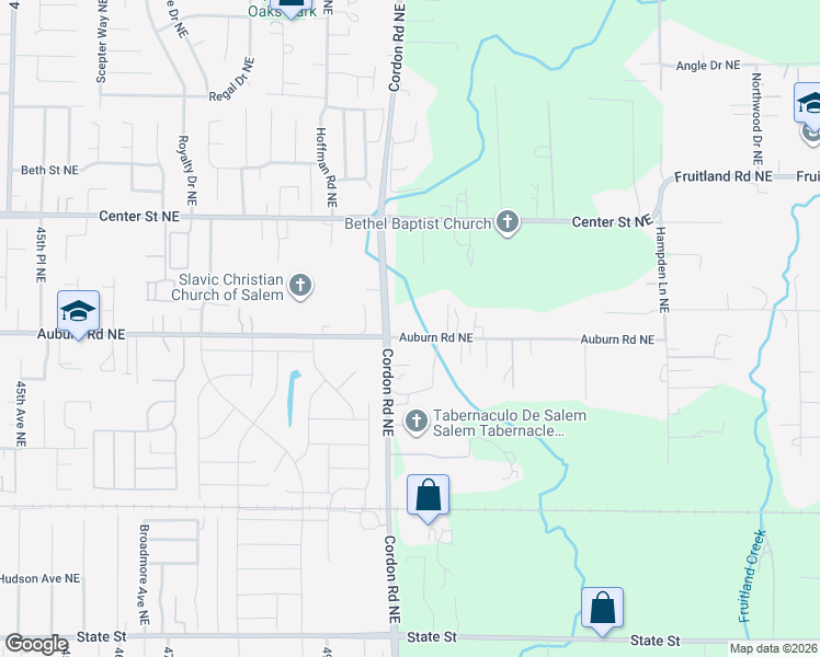 map of restaurants, bars, coffee shops, grocery stores, and more near 5015 Auburn Road Northeast in Salem