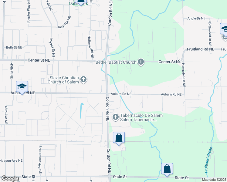 map of restaurants, bars, coffee shops, grocery stores, and more near 5015 Auburn Road Northeast in Salem