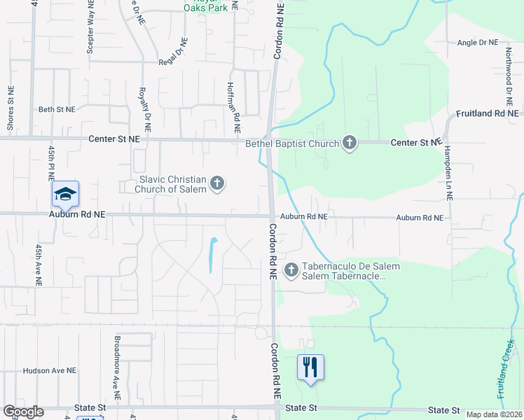 map of restaurants, bars, coffee shops, grocery stores, and more near 4995 Auburn Road Northeast in Salem
