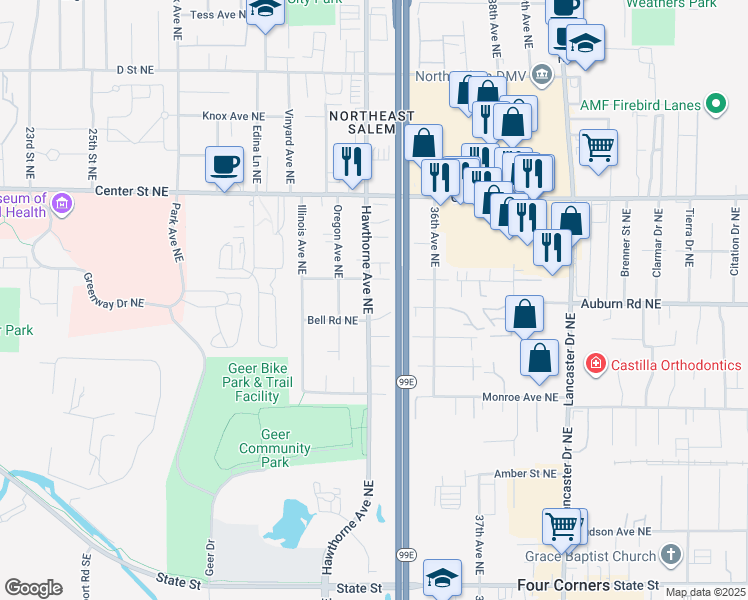 map of restaurants, bars, coffee shops, grocery stores, and more near 3490 Midway Avenue Northeast in Salem