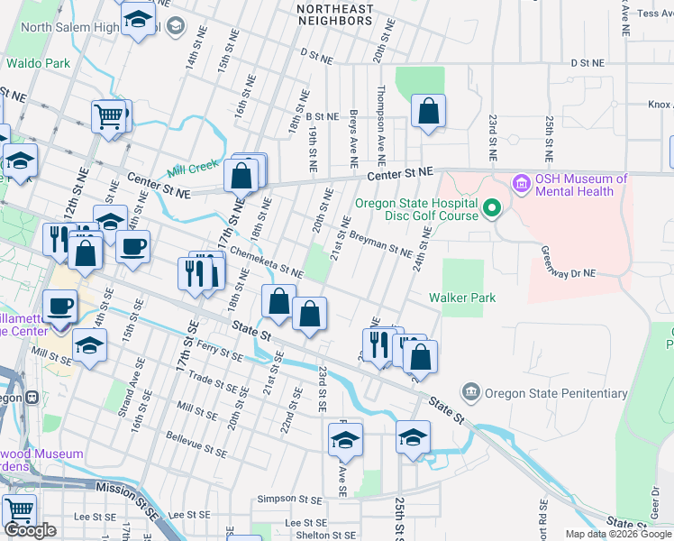map of restaurants, bars, coffee shops, grocery stores, and more near 398 21st Street Northeast in Salem