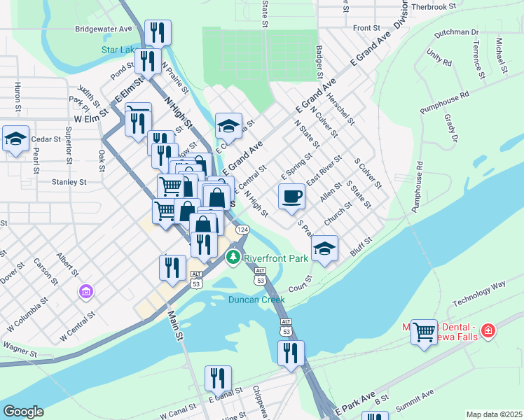 map of restaurants, bars, coffee shops, grocery stores, and more near 23 North High Street in Chippewa Falls