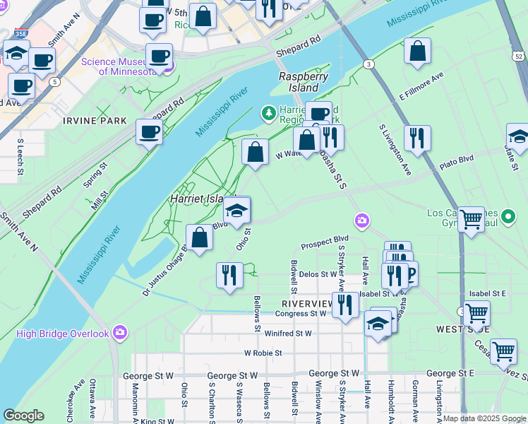 map of restaurants, bars, coffee shops, grocery stores, and more near 115 Plato Boulevard West in Saint Paul