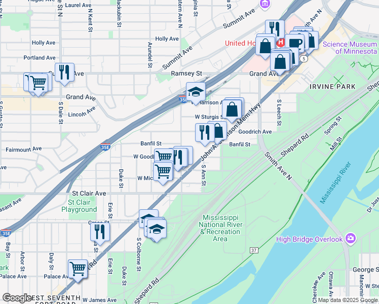 map of restaurants, bars, coffee shops, grocery stores, and more near 160 Western Avenue South in Saint Paul