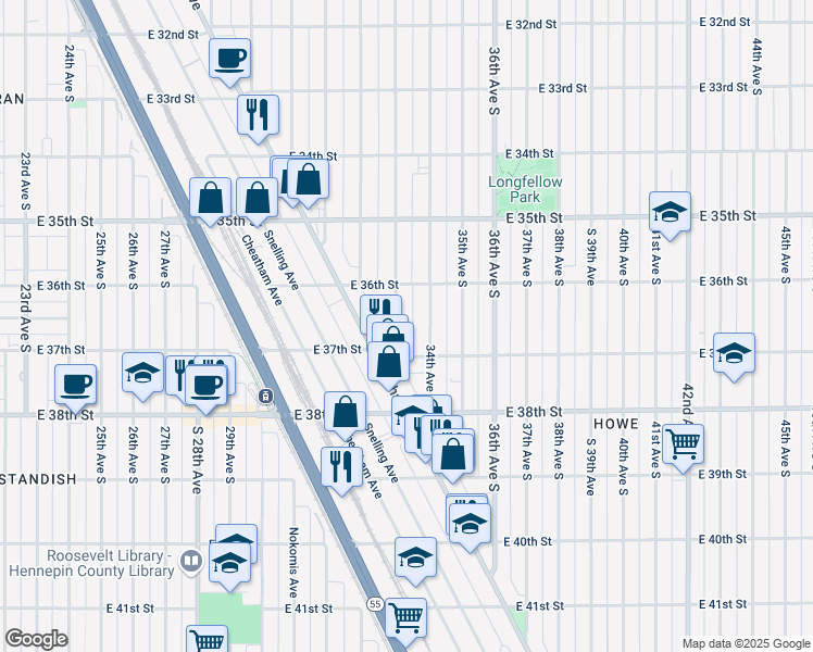 map of restaurants, bars, coffee shops, grocery stores, and more near 3624 34th Avenue South in Minneapolis