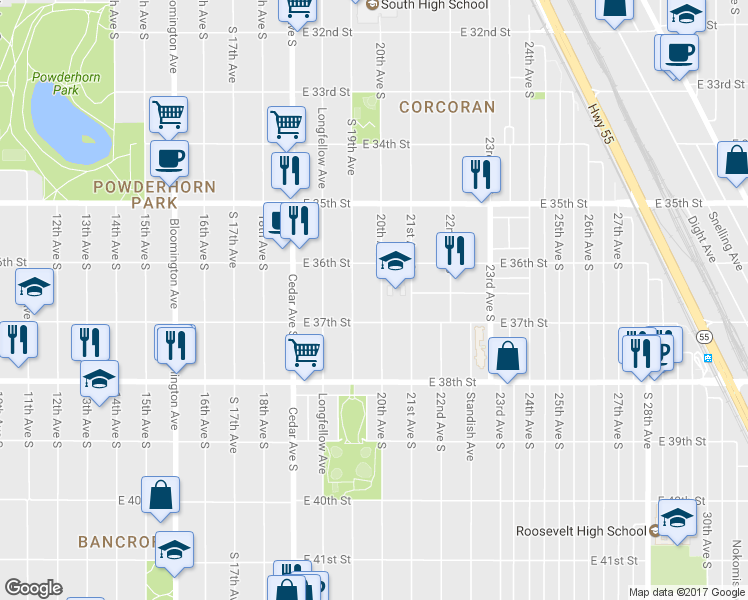 map of restaurants, bars, coffee shops, grocery stores, and more near 3625 19th Avenue South in Minneapolis
