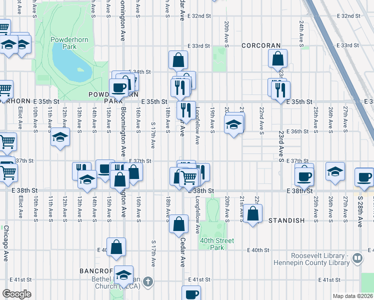 map of restaurants, bars, coffee shops, grocery stores, and more near 3624 Cedar Avenue in Minneapolis