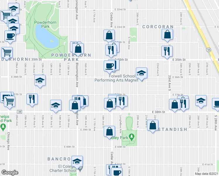 map of restaurants, bars, coffee shops, grocery stores, and more near 3624 Cedar Avenue in Minneapolis