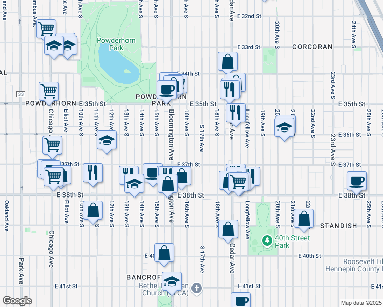 map of restaurants, bars, coffee shops, grocery stores, and more near 3620 South 17th Avenue in Minneapolis