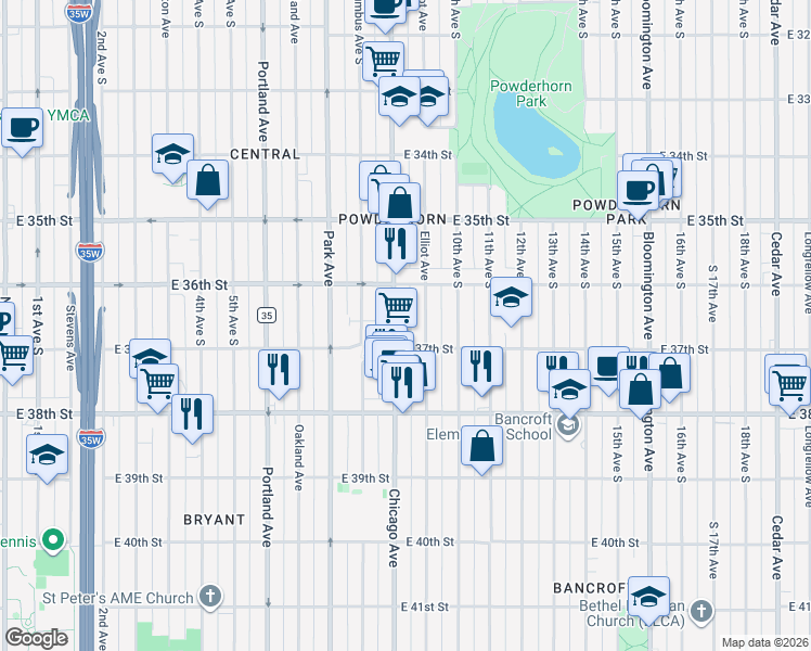 map of restaurants, bars, coffee shops, grocery stores, and more near 3623 Chicago Avenue in Minneapolis