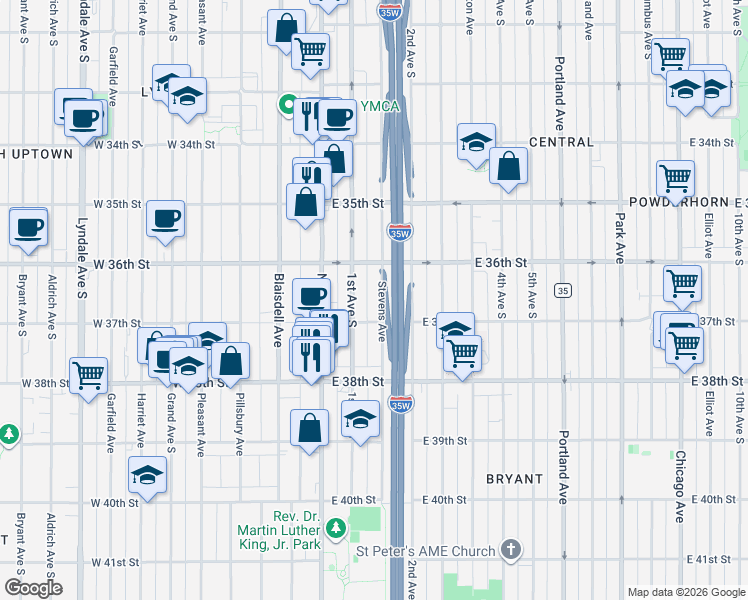 map of restaurants, bars, coffee shops, grocery stores, and more near 3625 1st Avenue South in Minneapolis