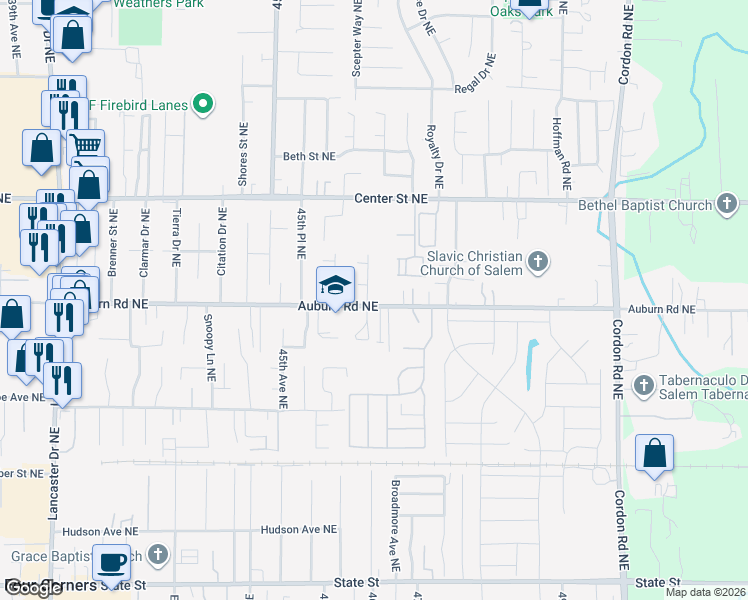 map of restaurants, bars, coffee shops, grocery stores, and more near 525 Baldwin Avenue Northeast in Salem