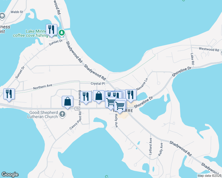 map of restaurants, bars, coffee shops, grocery stores, and more near 3443 Crystal Place in Wayzata
