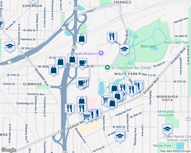 map of restaurants, bars, coffee shops, grocery stores, and more near 3633 Park Center Boulevard in Minneapolis