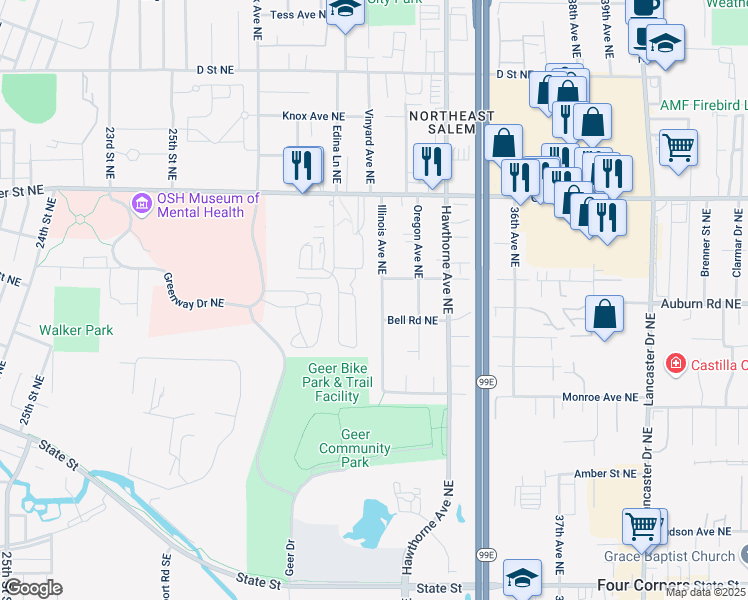 map of restaurants, bars, coffee shops, grocery stores, and more near 533 Illinois Avenue Northeast in Salem