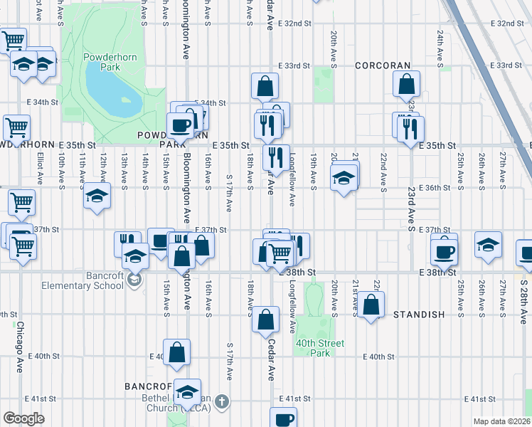 map of restaurants, bars, coffee shops, grocery stores, and more near 3636 Cedar Avenue South in Minneapolis