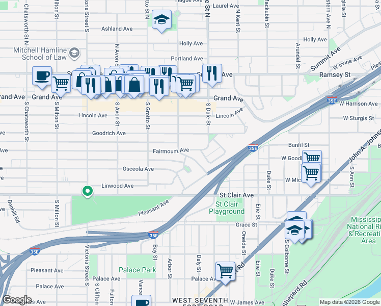 map of restaurants, bars, coffee shops, grocery stores, and more near 651 Fairmount Avenue in Saint Paul